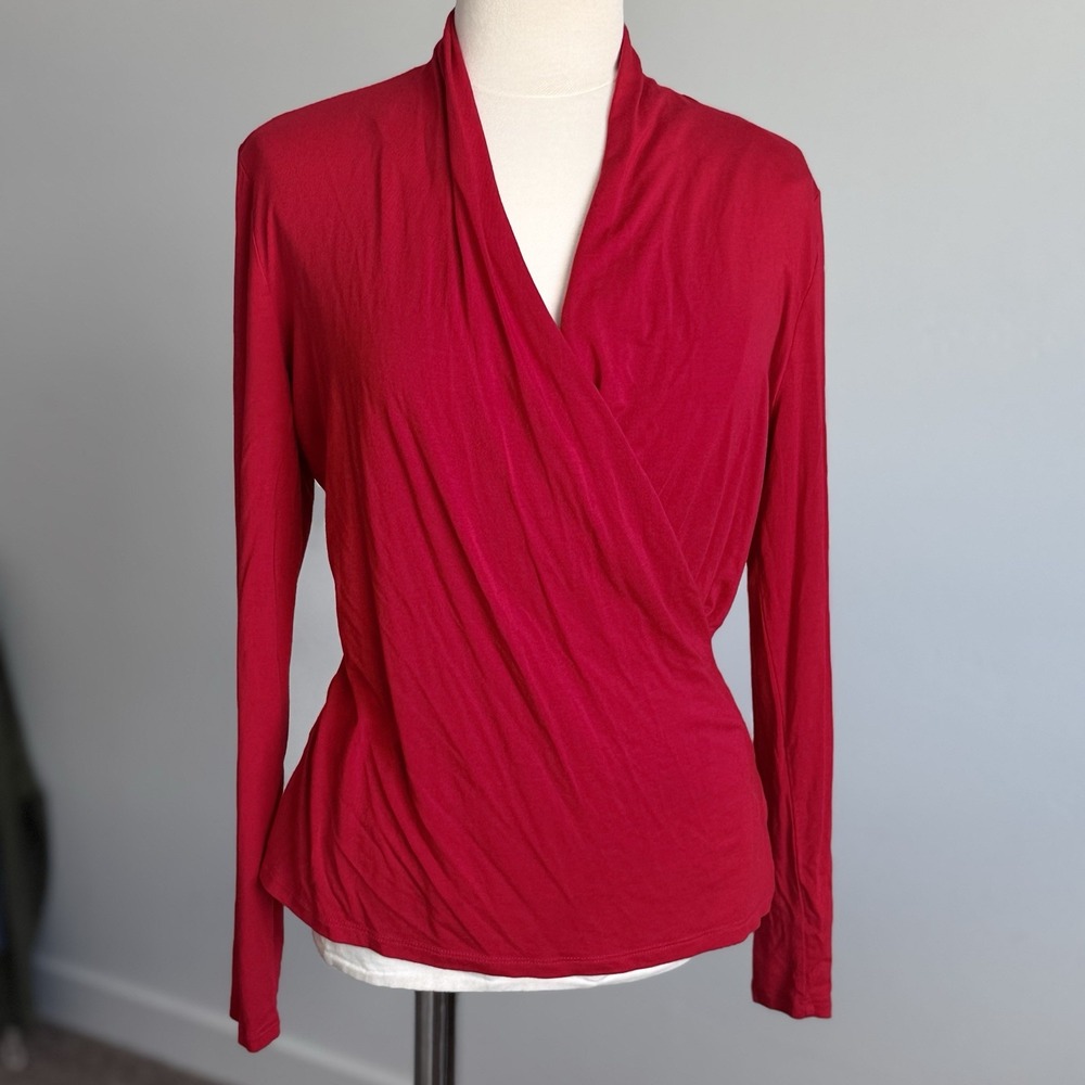 Lauren Ralph Lauren Surplice Wrap Top Mp Front Long Sleeve Red Career Holiday
